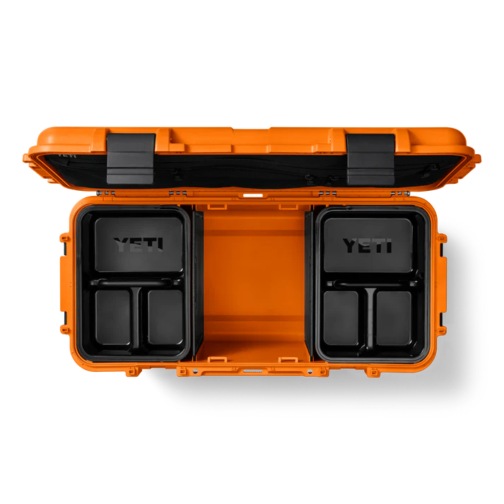 Open Yeti Loadout GoBox 60 Gear Case King Crab showing two black removable trays inside the bright orange case.