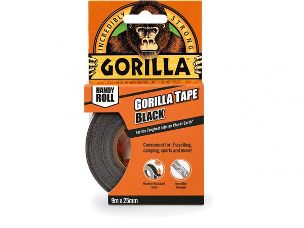 Gorilla Tape Handy Roll 9m x 25mm black, strong, weather-resistant, tearable tape for rough and smooth surfaces – Keans