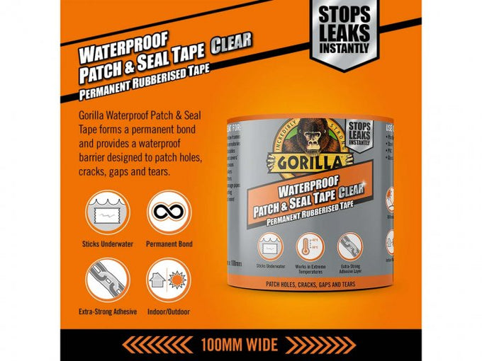 Gorilla Weatherproof Patch Clear adhesive patch for outdoor repairs, durable and waterproof – available at Keans Claremorris.