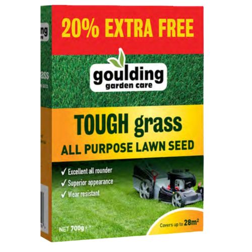 Goulding All Purpose Lawn Seed 700g with 20% extra, durable grass seed for all lawns, available at Keans Claremorris.