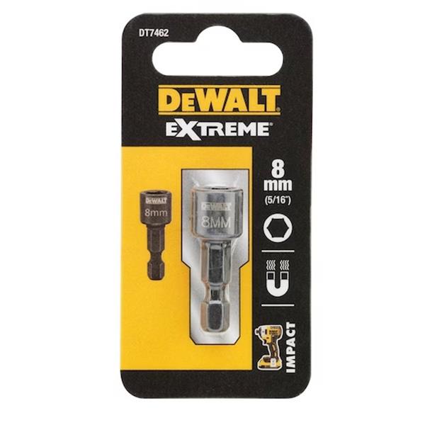 DeWalt DT7462 8mm nut driver bit in black and yellow packaging with size and impact icons visible.