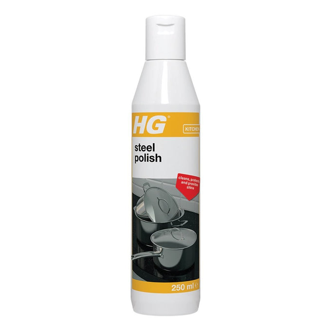 HG Steel Polish 250ml cleans and shines stainless steel, aluminium, copper, chrome; biodegradable, from Keans Claremorris