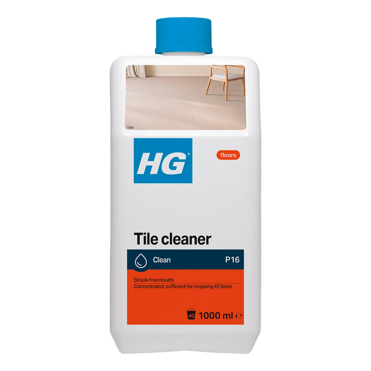 White 1L bottle of HG Tile Cleaner for porcelain with blue cap and label showing clean tiled floor and chair.