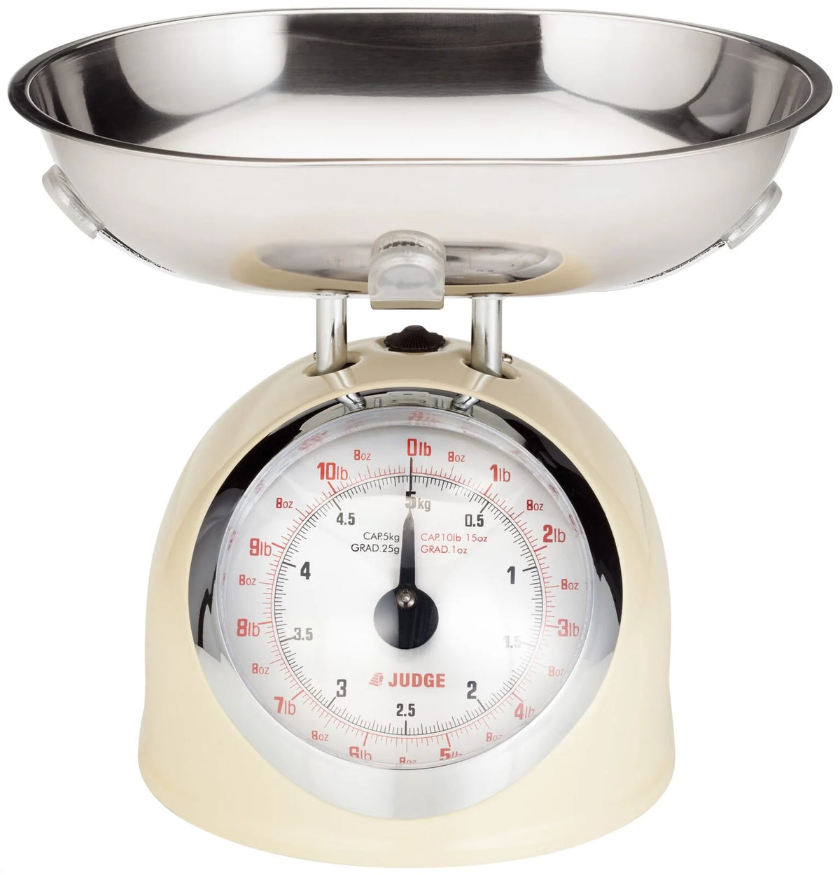 Cream Judge Kitchen 5kg kitchen scale with stainless steel bowl and clear dial showing weight measurements.