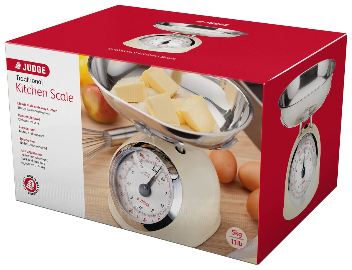 Judge Kitchen 5kg cream kitchen scale with stainless steel bowl shown on product packaging box.