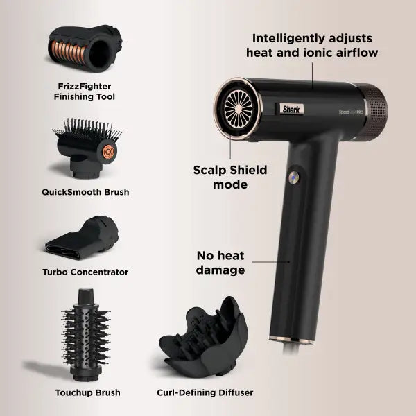 Shark Speed Style Pro 5 in 1 Hairdryer with multiple attachments, fast drying – available at Keans Claremorris.