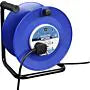 Blue heavy-duty open reel with 4 sockets and 50m cable, shown unwound on a black metal stand.