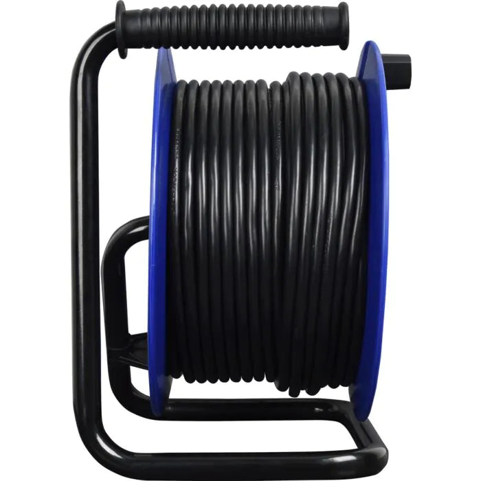 Blue heavy-duty open reel with black 50m cable coiled, featuring a black handle and sturdy frame.