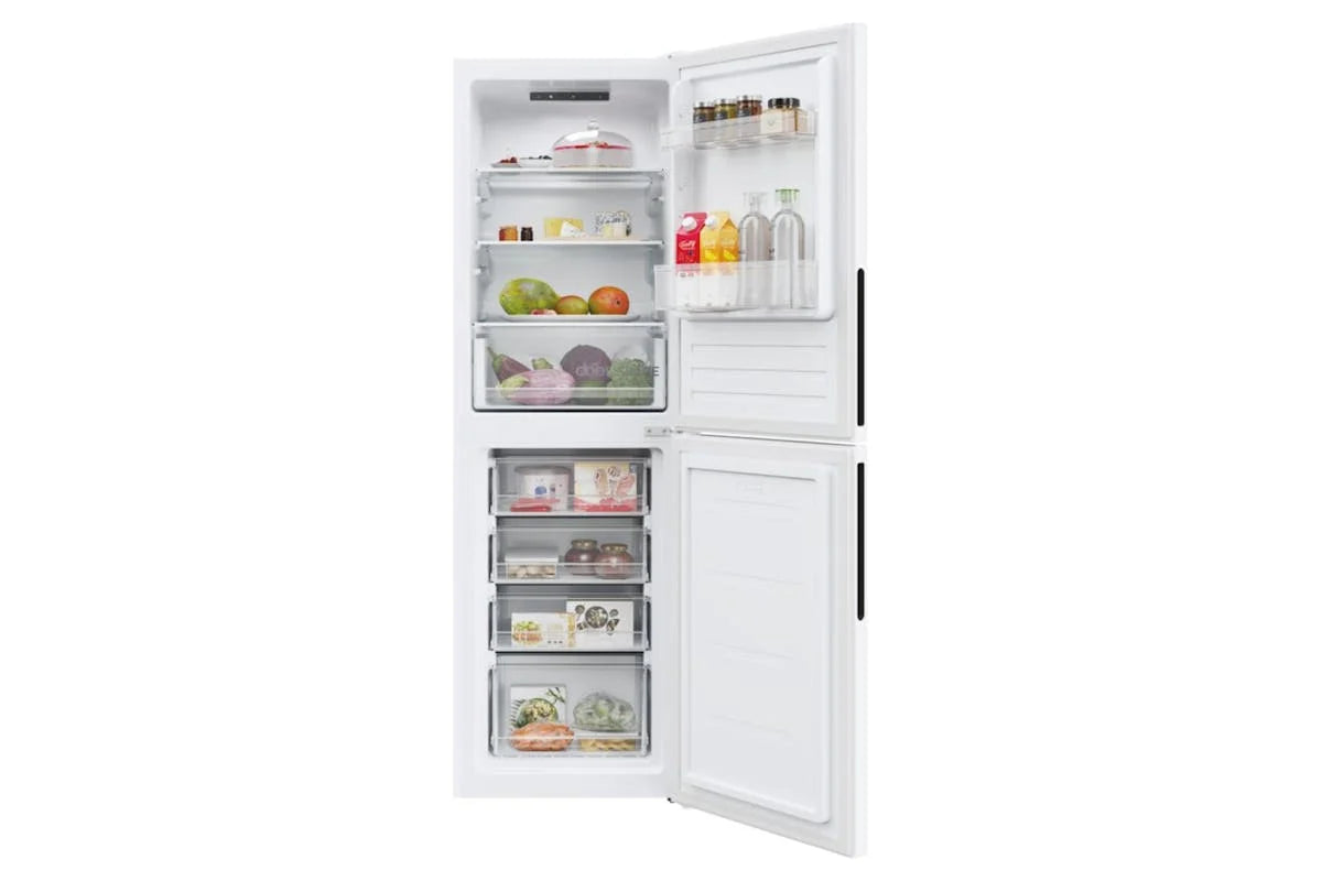 Hoover 50/50 black low frost fridge freezer with open doors showing stocked fridge and freezer compartments