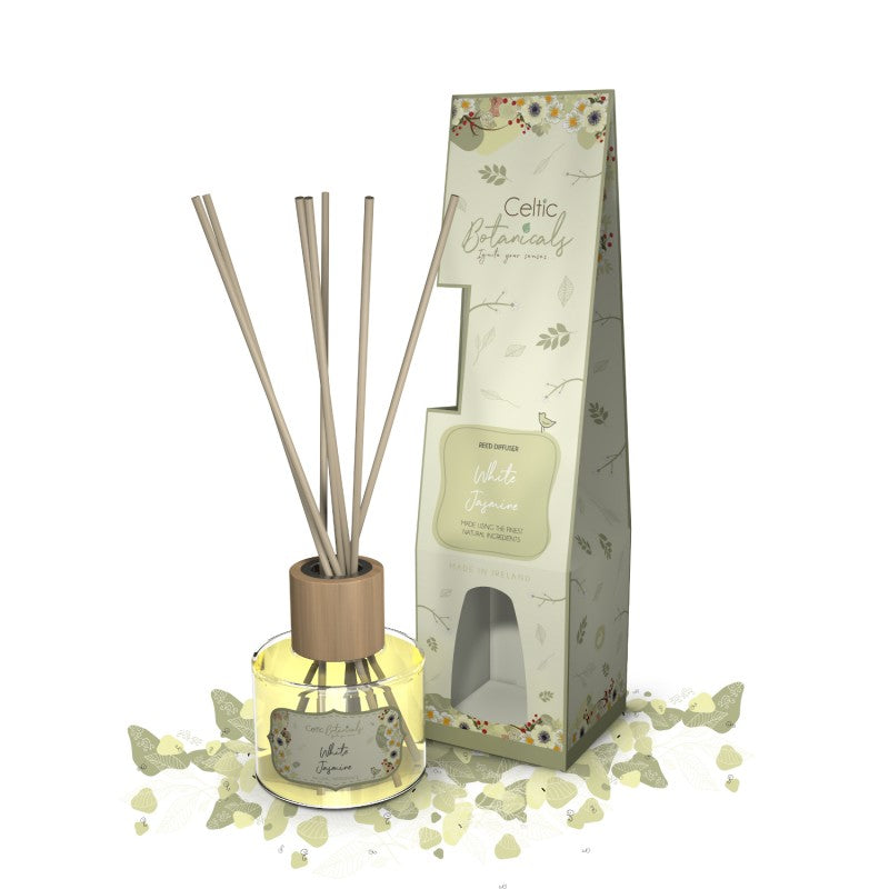 White Jasmine fragrance diffuser with wooden cap, reed sticks, and floral-patterned packaging.