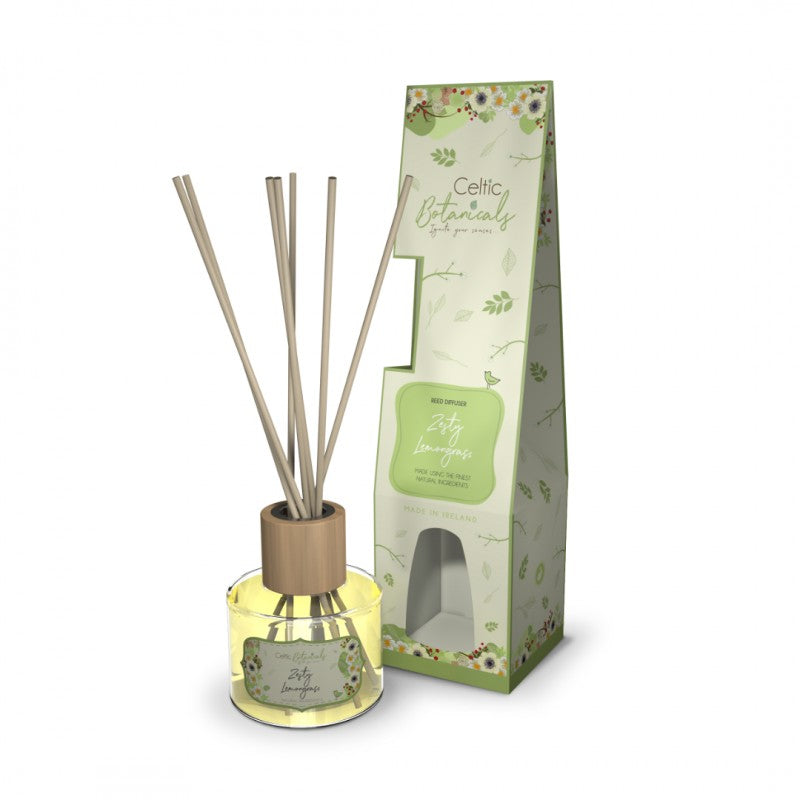 Zesty Lemongrass fragrance diffuser with wooden cap, reed sticks, and floral-themed packaging box.