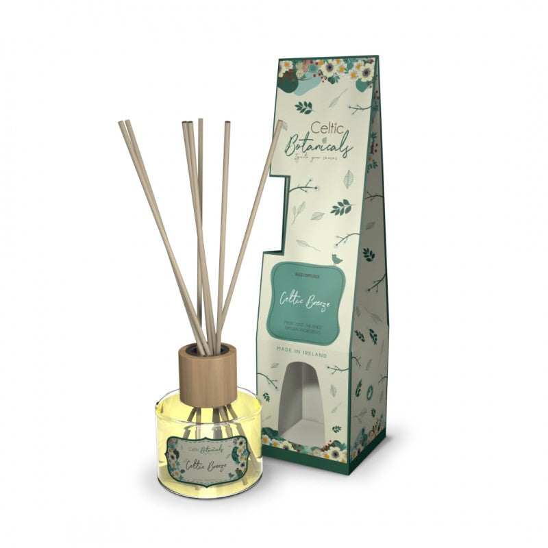 Celtic Breeze fragrance diffuser with wooden cap, reed sticks, and floral-themed packaging box.