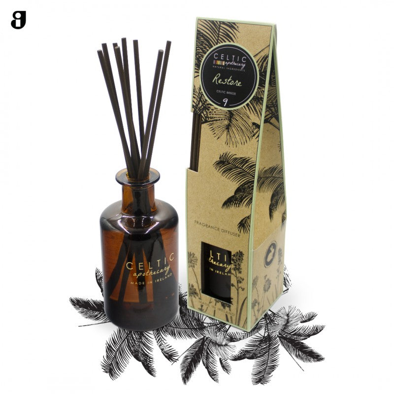 Restore Apothecary 200ml diffuser with amber glass bottle, black reeds, and palm leaf-patterned packaging.