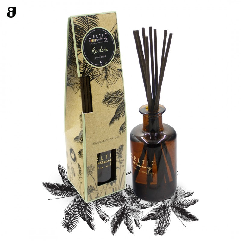 Restore Apothecary 200ml diffuser with amber glass bottle, black reeds, and natural-themed packaging.