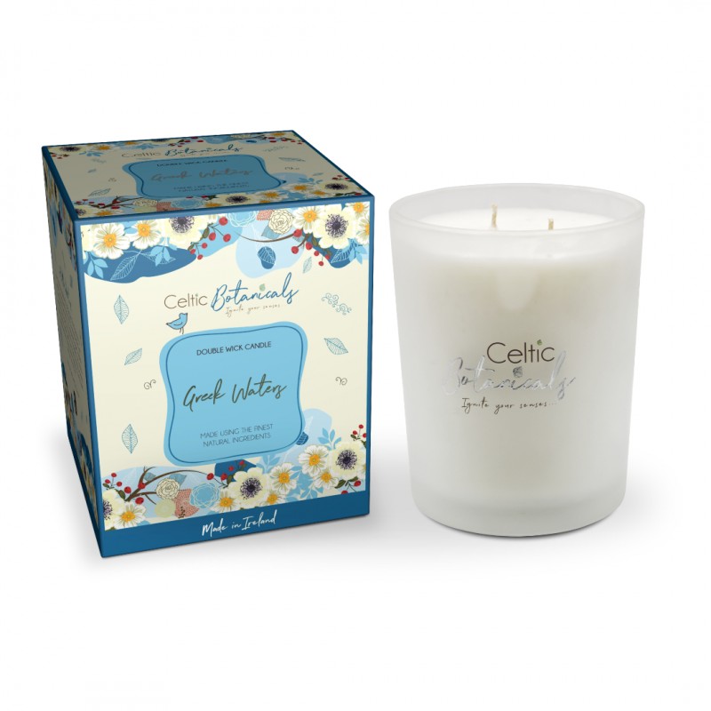 Celtic Candle Double Wick Greek Water with floral-themed packaging and frosted glass jar with two wicks