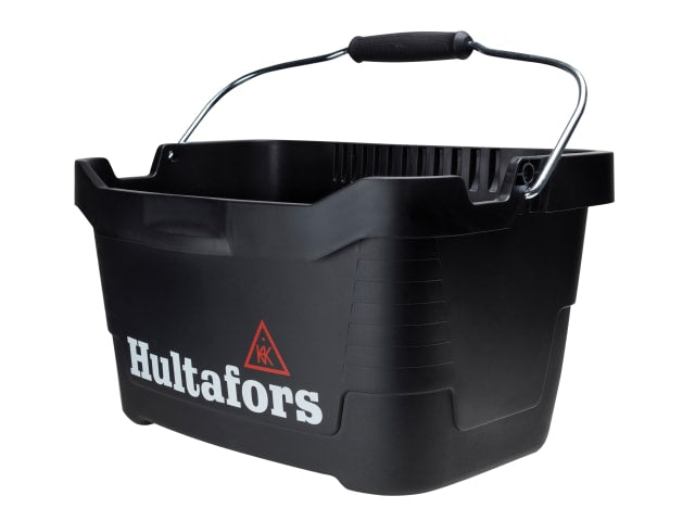 Black Hultafors 15L polypropylene tool bucket with ergonomic handle and logo on side, angled view.