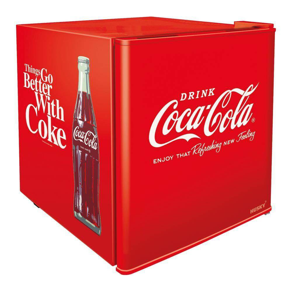 Husky Coca-Cola Mini Fridge HUS-EL196-HU-E with advanced cooling, reversible door, holds 40 cans – available at Keans