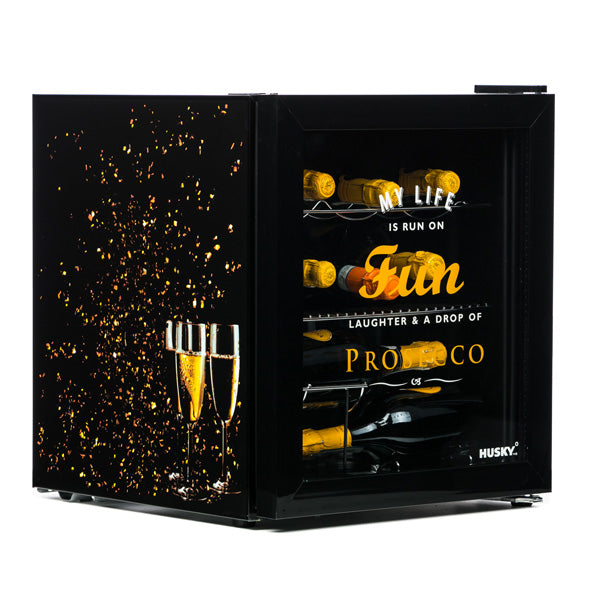 Husky Prosecco Drinks Cooler with glass door, holding bottles, side decorated with champagne glasses and bubbles design