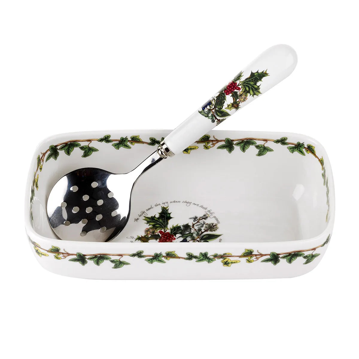 Holly & Ivy Cranberry Dish w/ Slotted Spoon - Image 1