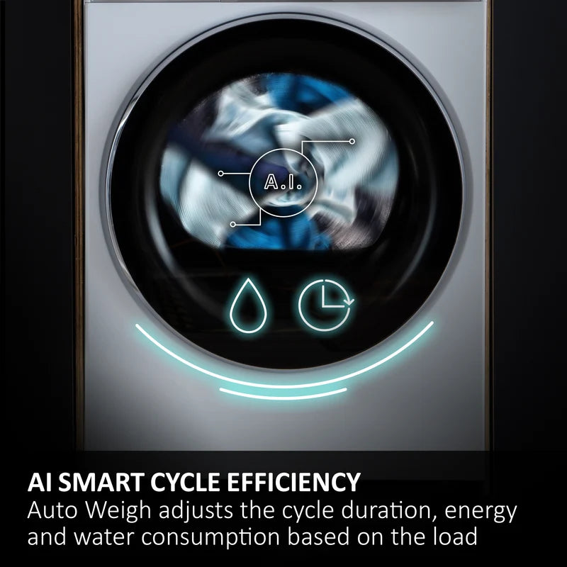 Front view of Haier X Series 5 washing machine door with AI smart cycle icons and spinning laundry inside.