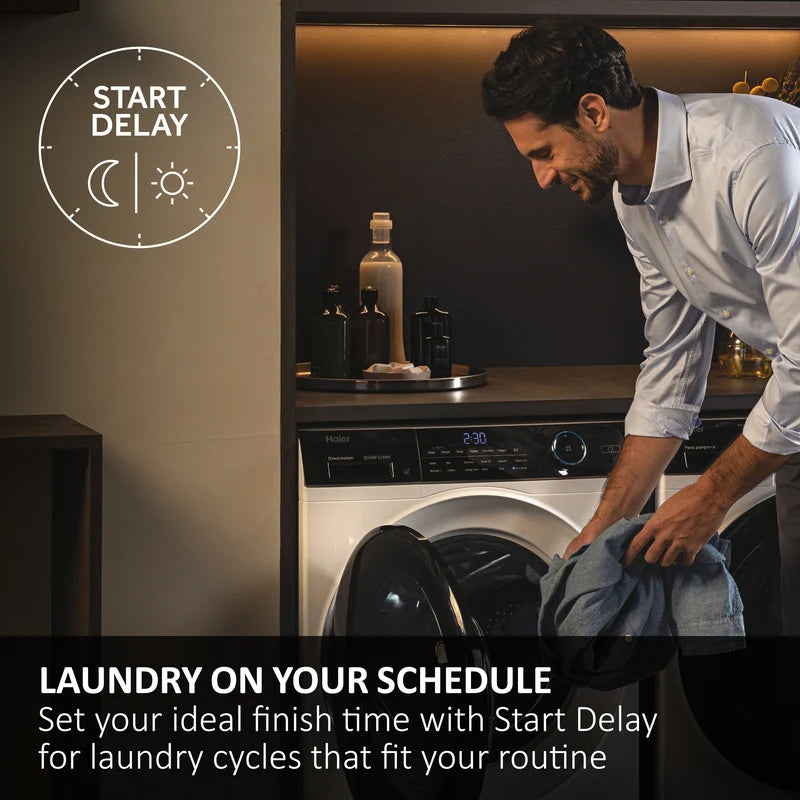 Man loading clothes into Haier X Series 5 washing machine with Start Delay feature icon and text overlay.