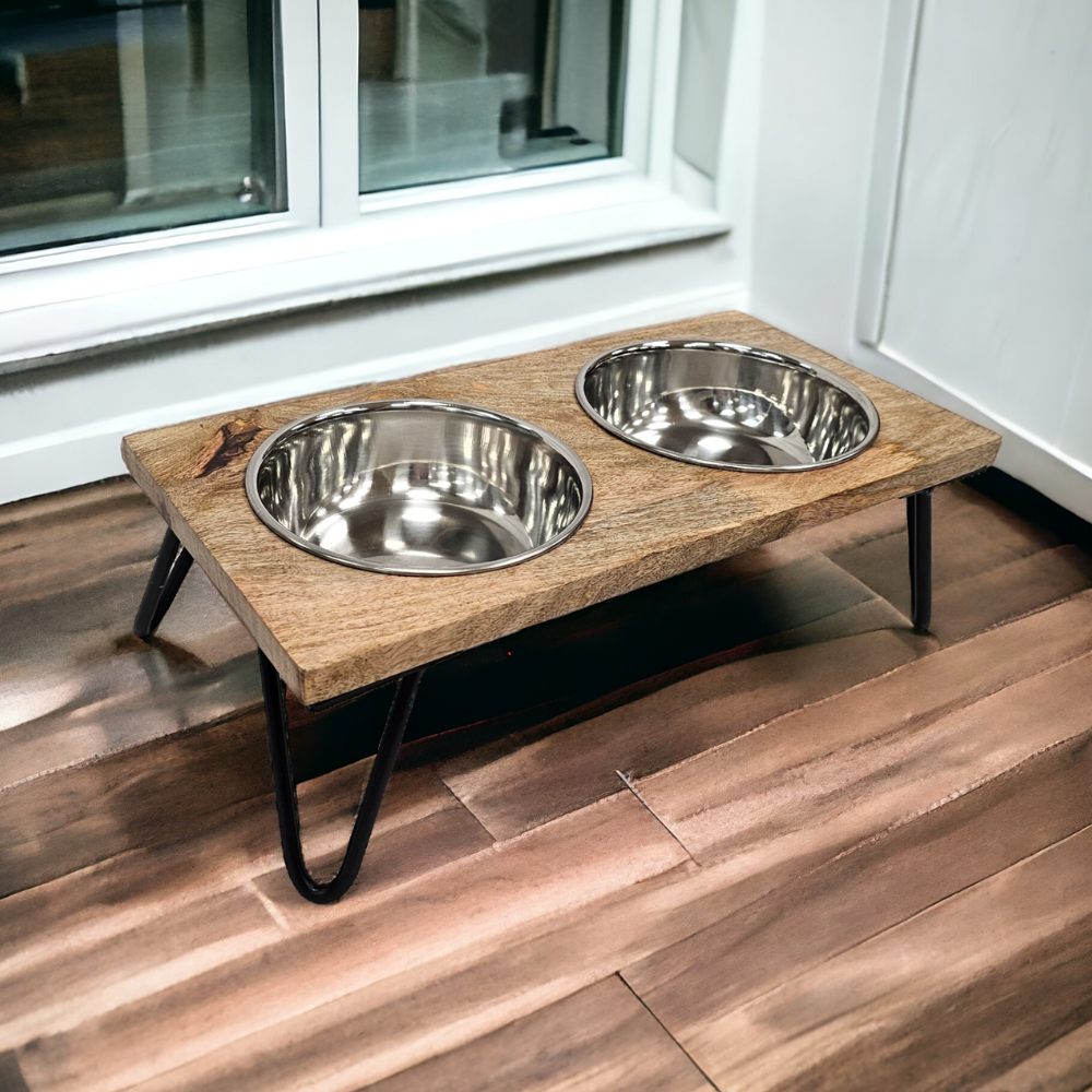 Hairpin Wooden Bowl Set 700ml, elevated metal frame with natural wood top, 2 bowls for food and water – Keans Claremorris