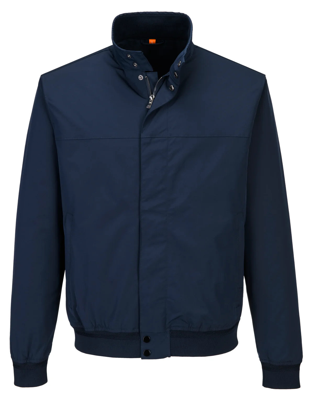Navy Harry Jacket with zip and stud front closure, high collar, and elastic cuffs and hem.