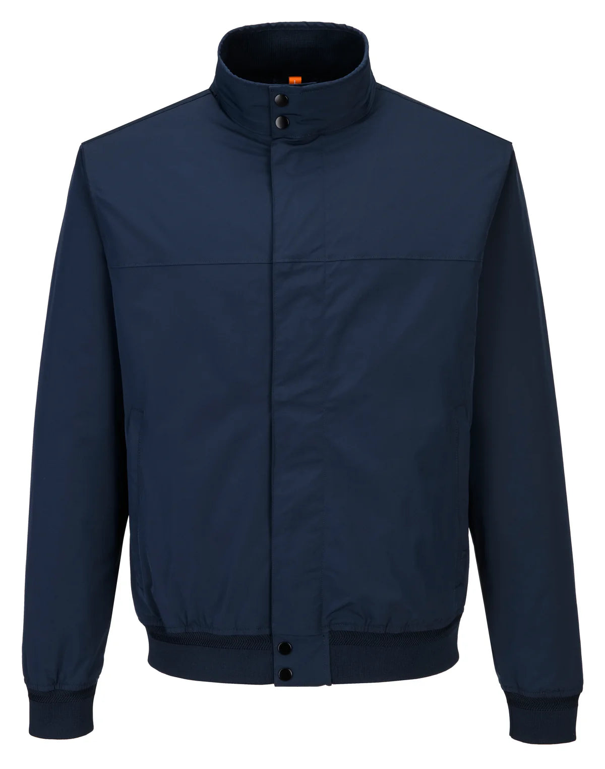 Navy Harry Jacket with high collar, snap button closure, and ribbed cuffs and hem.
