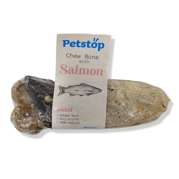 Petstop 12cm Salmon Chew Bone for dogs, dental care & long-lasting fun, available at Keans Claremorris.
