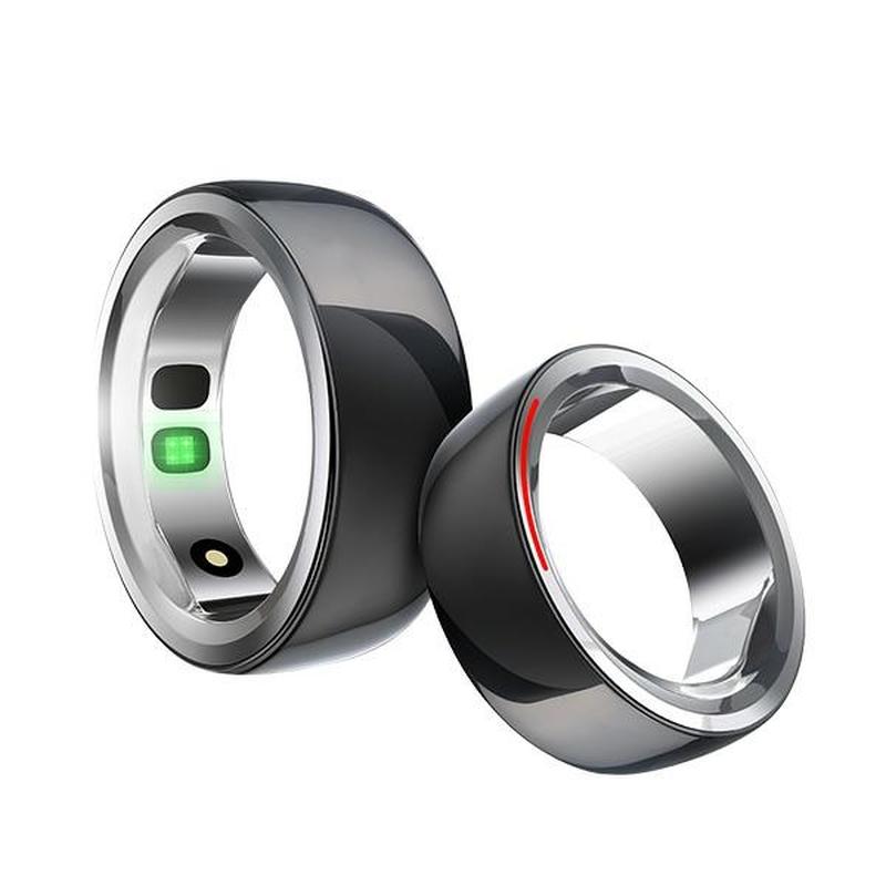 Two sleek black Hi Future Smart Nano Ceramic Rings, one showing inner sensors and the other a red accent line on the outer