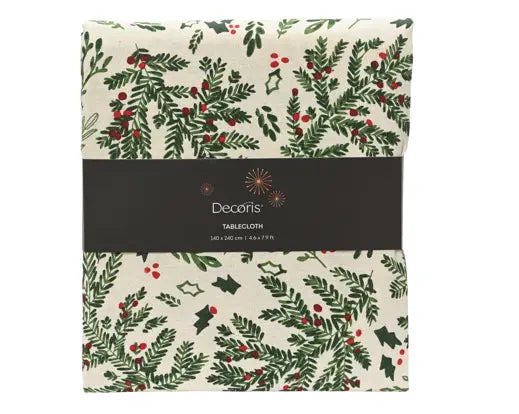 Holly Leaf Christmas Tablecloth – White & Green Rectangular (240cm x 140cm) Keans Claremorris