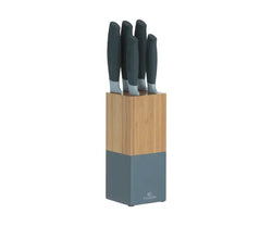 Horizon Grey 6-piece knife block set with stainless steel blades, textured handles, bamboo block, 10-year guarantee – Keans