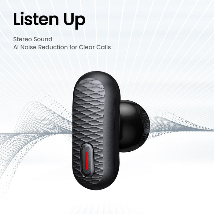 Close-up of a black Amazfit Up Open-Ear Wireless Earbud with textured surface and red accent.