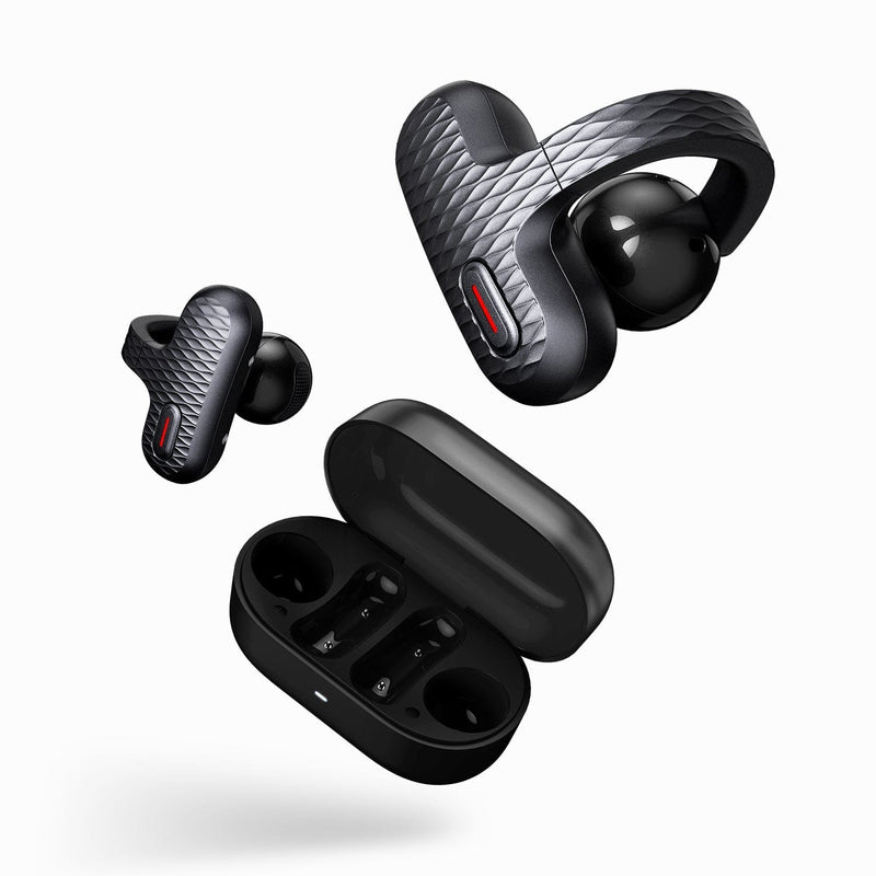 Amazfit Up Open-Ear Wireless Earbuds in black with textured surface and open charging case on white background.