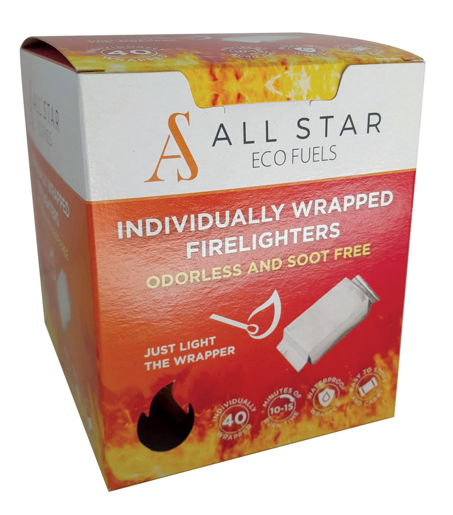 Box of All Star Individually Wrapped Odorless Firelighters with flame graphics and usage icons on red and white packaging.