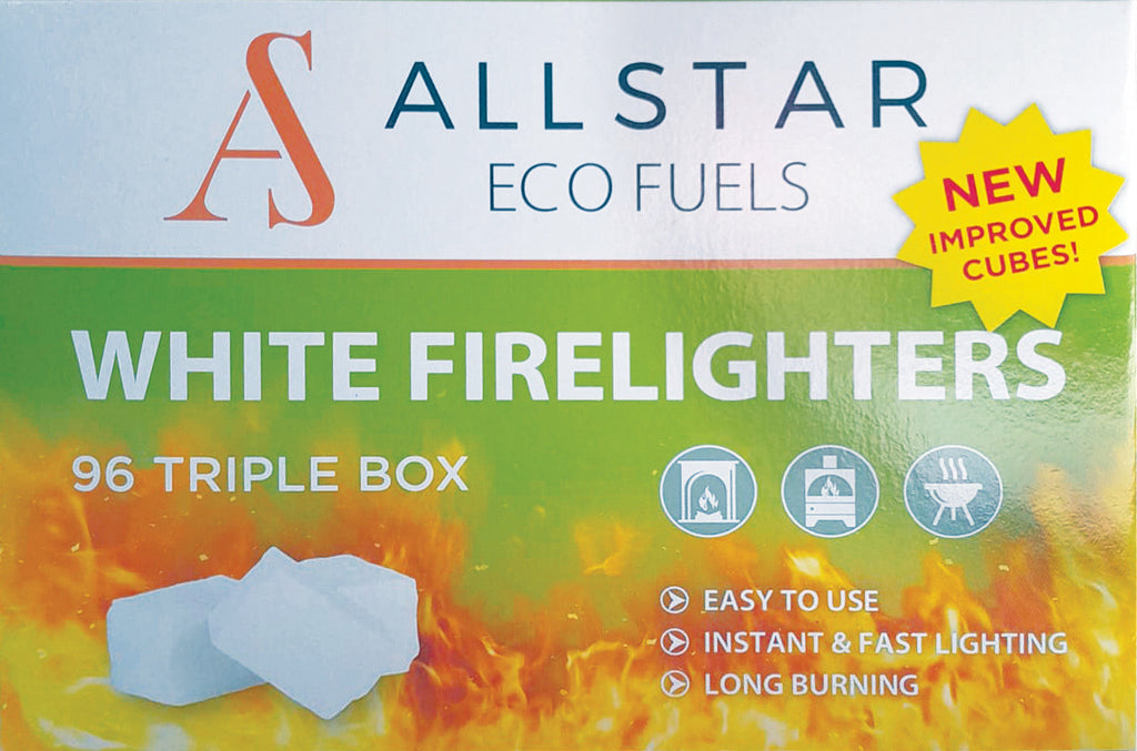 All Star White Firelighters 96 triple box packaging with fire image and usage icons for fireplace, stove, and BBQ.