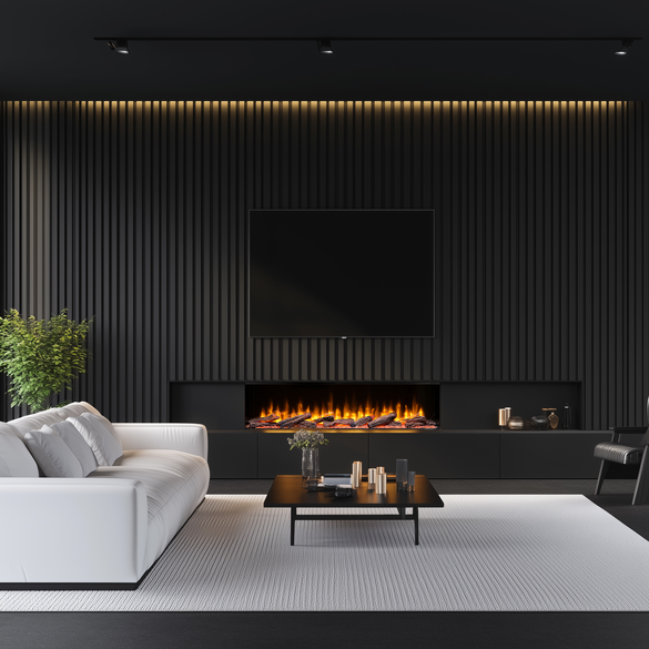 Dimplex Ignite Ultra 74 electric fireplace with realistic flames set in a modern black wall in a stylish living room.
