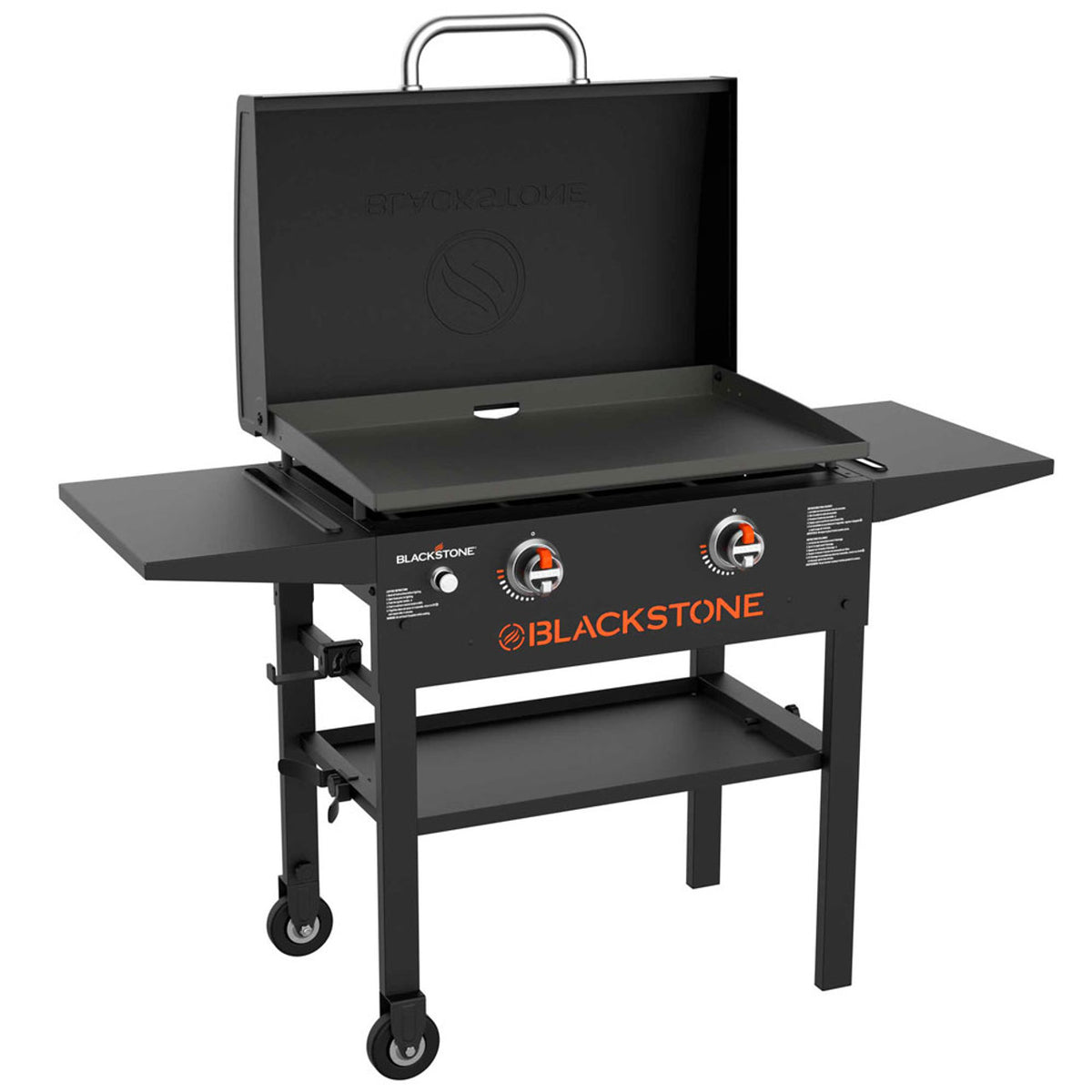Blackstone 28" Griddle BBQ with hood open, two burners, side shelves, and lower storage shelf on wheels