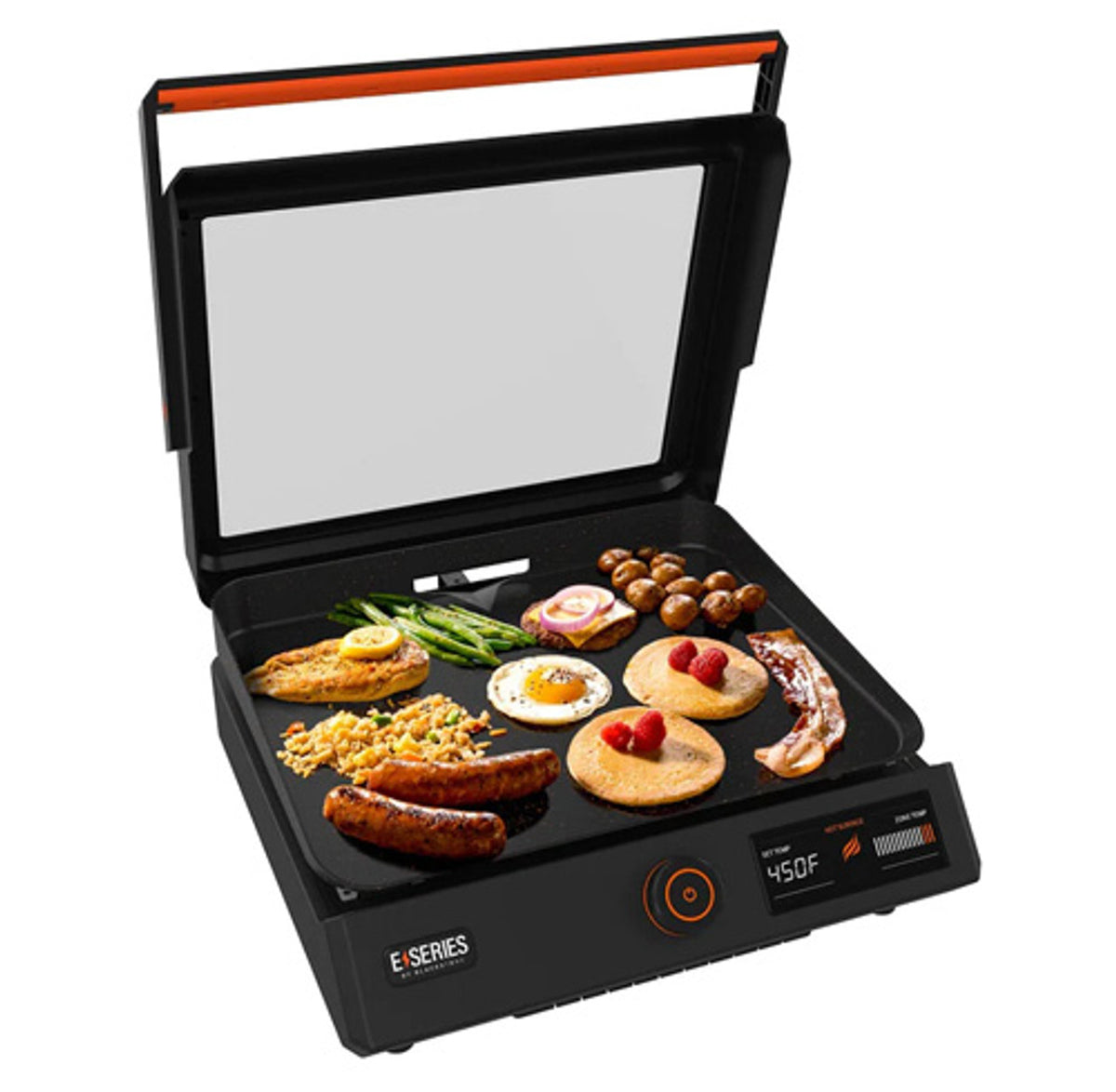 Blackstone 17'' Electric Tabletop Grill with breakfast foods cooking on the griddle surface