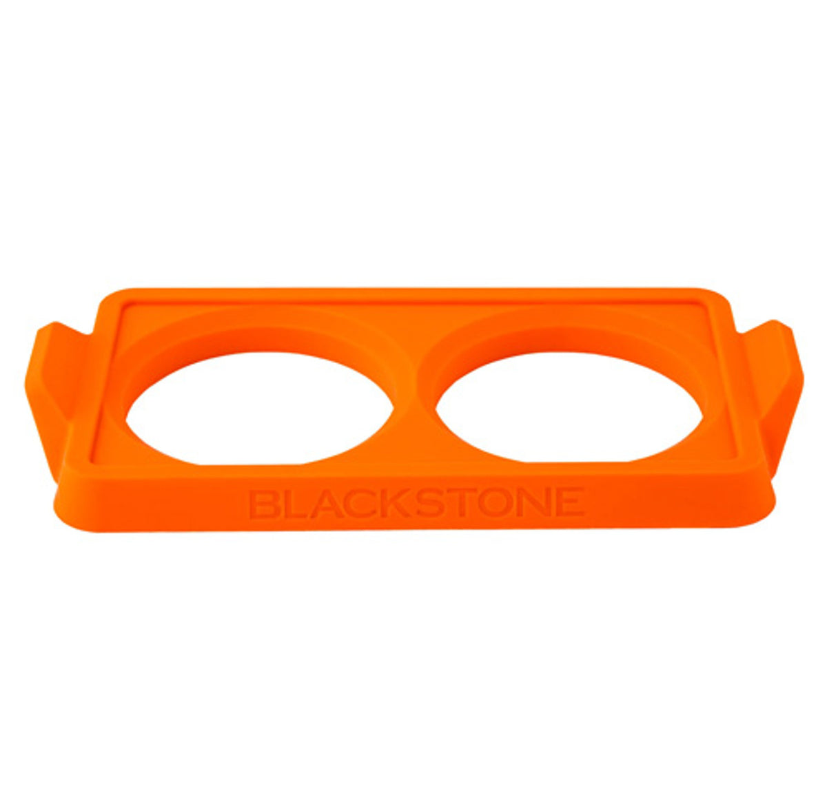 Orange Blackstone 2 section egg ring tray with two round openings and side handles, front view.