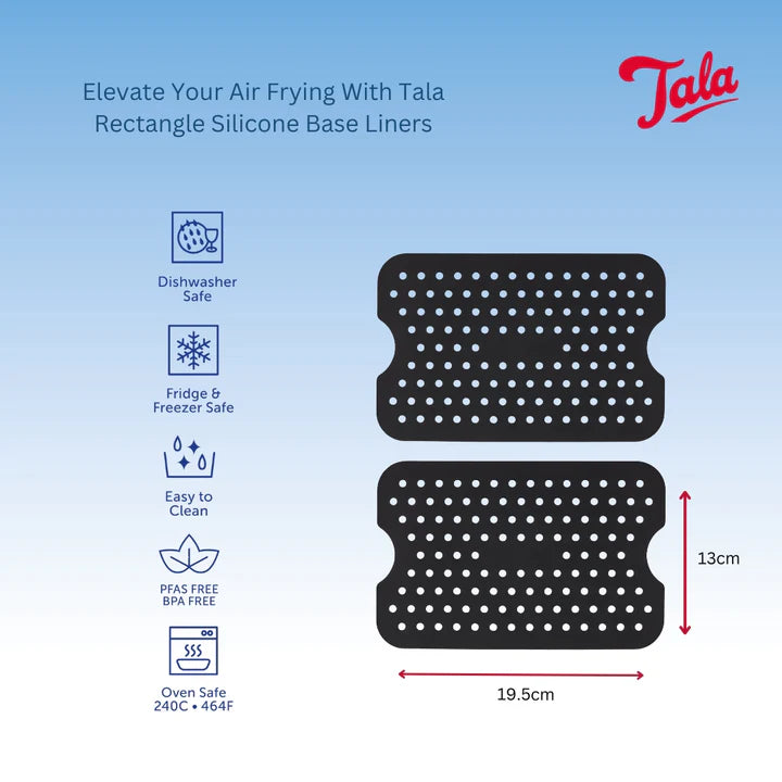 Two black rectangular Tala silicone base liners with holes, measuring 19.5 x 13 cm, with safety icons.