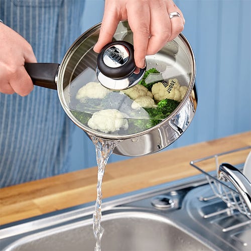 Judge Vista 20cm 3L draining saucepan, stainless steel, durable cookware – available at Keans Claremorris
