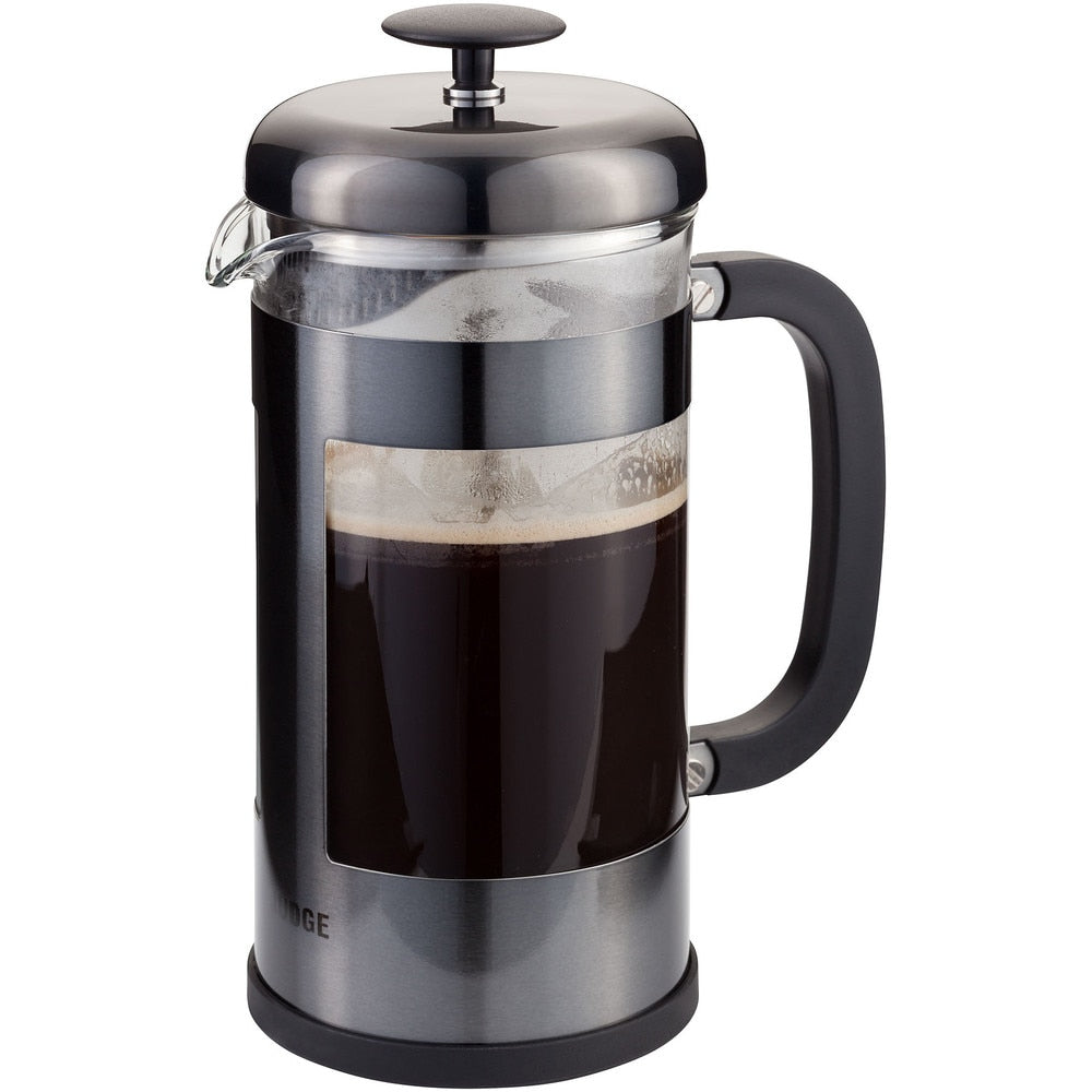 Judge Coffee 8-cup glass cafetiere with anthracite metal frame and black handle, filled with coffee.