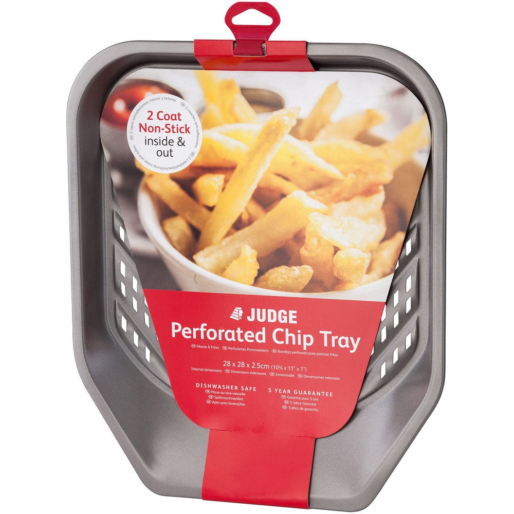Judge Bakeware perforated chip tray with red packaging showing fries, non-stick and dishwasher safe.