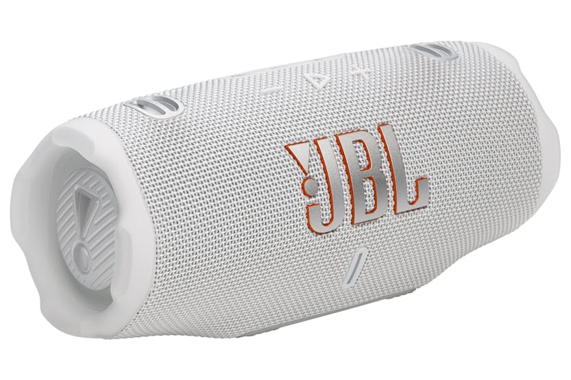 White JBL Charge 6 portable Bluetooth speaker angled to show front and side details with logo and control buttons.