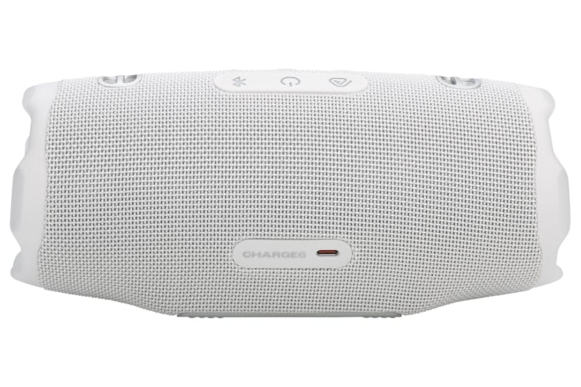 White JBL Charge 6 portable Bluetooth speaker shown from the front with control buttons visible on top.