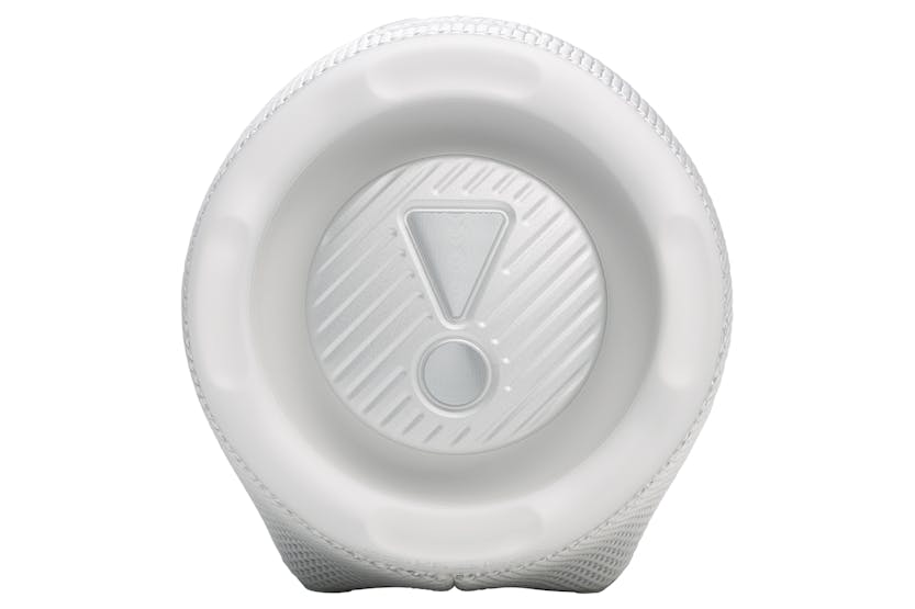 Close-up of the white JBL Charge 6 portable Bluetooth speaker showing the top control panel with power and function buttons.
