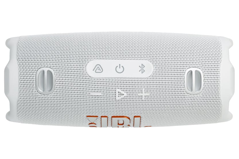 Top view of the white JBL Charge 6 portable Bluetooth speaker showing control buttons and speaker grille.