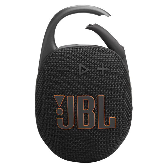 JBL Clip 5 Black portable Bluetooth speaker with carabiner, waterproof, 12-hour playtime – available at Keans Claremorris.