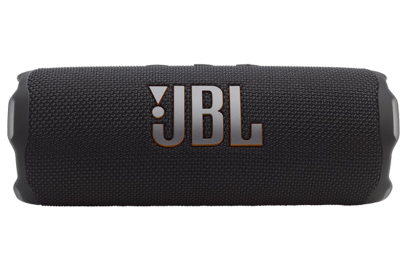 JBL Flip 7 portable black Bluetooth speaker shown from the front with logo visible on fabric grille.